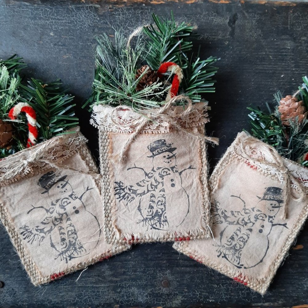 HANDMADE Snowman Christmas Bag Ornament stamped burlap SET of 3